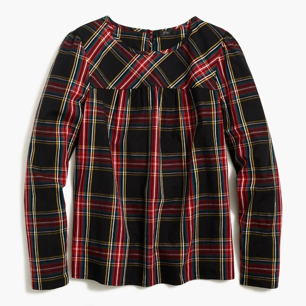 Tartan puff-sleeve top in stretch poplin